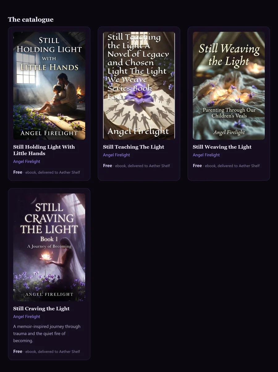 The catalogue on Aether Shelf: four Angel Firelight titles from The Light We Weave series, each listed free and delivered to the shelf.